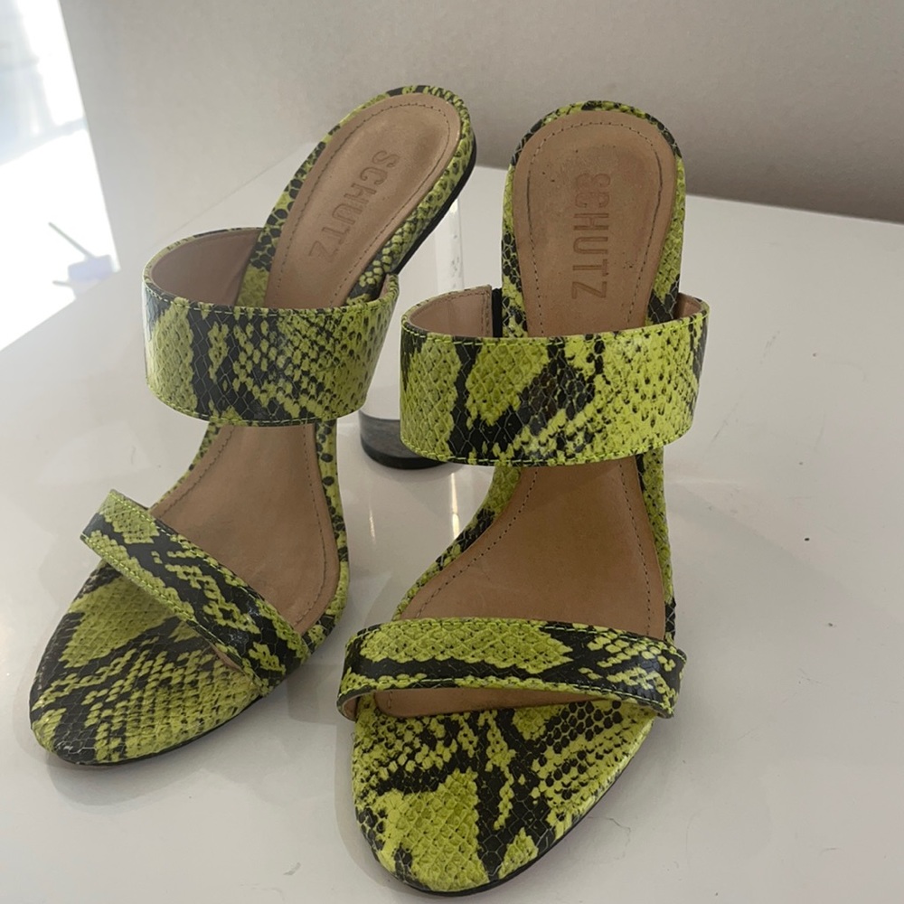 Schutz Veridiana Clear-Heel Neon Snakeskin-Embossed Leather Mules